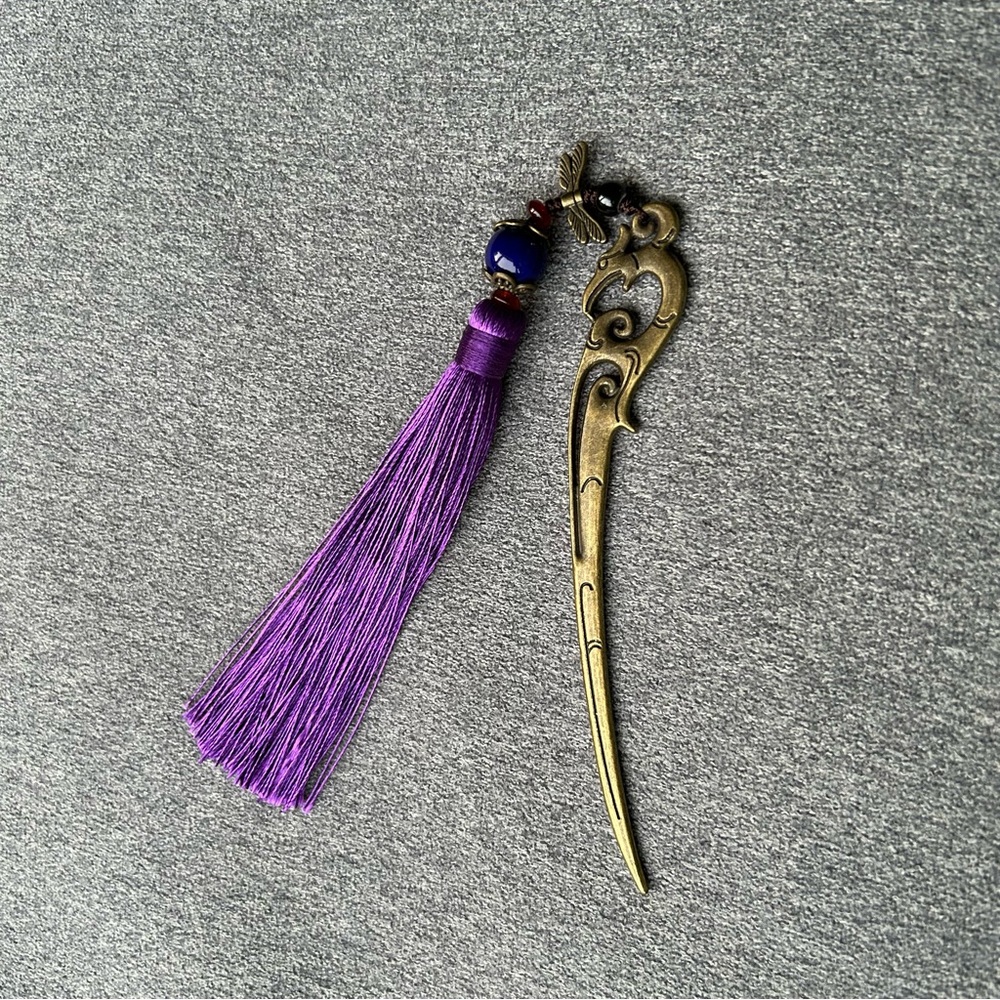 Metal Bookmark ~ Bird and Dragonfly Gold Tone Bookmark~ Purple Tassel ~ New!